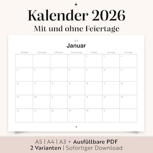 Può includere: Un calendario bianco del 2026 con il mese di gennaio visualizzato. La griglia del calendario è nera, con i giorni della settimana in alto. Il titolo "Kalender 2026" è in alto, con testo aggiuntivo sotto. La parte inferiore dell'immagine contiene testo sul prodotto.