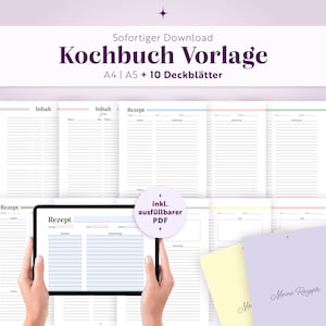 Könnte beinhalten: Eine digitale Kochbuch-Vorlage mit A4- und A5-Seitenlayouts sowie 10 Deckblättern. Das Display zeigt ein Tablet mit einer Rezeptseiten-Vorlage, inklusive Abschnitten für Zutaten und Zubereitung, beschriftet mit dem Text 'Rezept'.