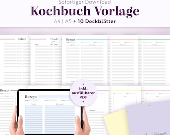 Op de afbeelding: Een digitaal kookboek-sjabloon met A4- en A5-paginalay-outs en 10 omslagopties. Het scherm toont een tablet met een receptpagina-sjabloon, inclusief secties voor ingrediënten en bereidingswijze, gelabeld met de tekst 'Rezept'.
