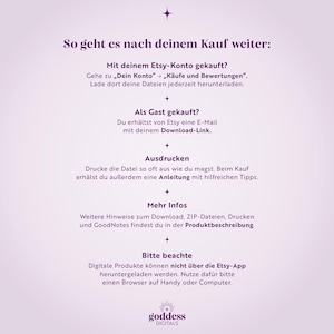 May include: A light purple informational graphic with dark purple text titled So geht es nach deinem Kauf weiter. It outlines steps for accessing digital files after purchase, including account instructions, guest checkout, printing, and browser requirements.