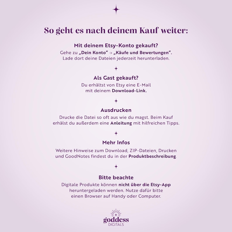 May include: A light purple informational graphic with dark purple text titled So geht es nach deinem Kauf weiter. It outlines steps for accessing digital files after purchase, including account instructions, guest checkout, printing, and browser requirements.