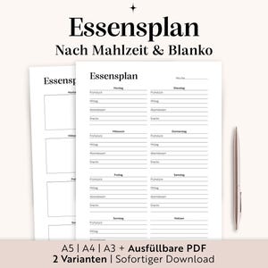 Plan posiłków do druku (A3, A4, A5, wypełniany plik PDF) | Niemiecki planer posiłków | Planer posiłków dla rodziny i kuchni | Natychmiastowe pobieranie