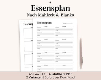 Plan posiłków do druku (A3, A4, A5, wypełniany plik PDF) | Niemiecki planer posiłków | Planer posiłków dla rodziny i kuchni | Natychmiastowe pobieranie