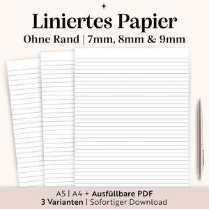 Puede incluir: Hojas de papel rayado blanco con el texto "Liniertes Papier" y "Ohne Rand | 7mm, 8mm & 9mm". Un bolígrafo plateado está colocado en el lado derecho. El texto "A5 | A4 + Ausfüllbare PDF" está en la parte inferior.