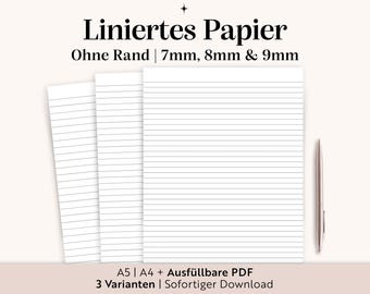Lined paper for printing (A4/A5, fillable PDF) | Journal template German | Writing paper for notes & office | Instant download