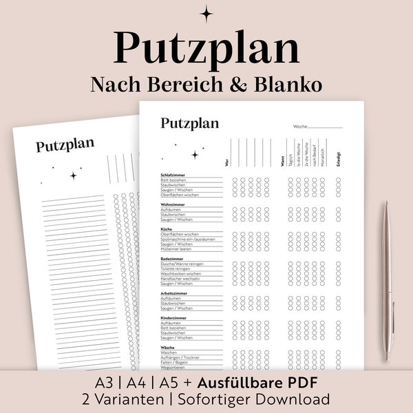 Putzplan Vorlage | A3/A4/A5/Ausfüllbare PDF | Zum ausdrucken | Haushaltsplan | Wochenplan Familie | Checkliste | Putzplan WG | Deutsch