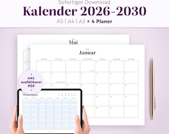 Calendar 2026-2030 | Plus daily, weekly, monthly, and yearly planners | A5, A4, A3 | Fillable printable PDF | German