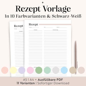 Rezeptvorlage zum Ausdrucken (A4/A5, ausfüllbare PDF) | Rezeptkarte Deutsch | 10 Farbvarianten | Für Familie & Küche | Sofortiger Download