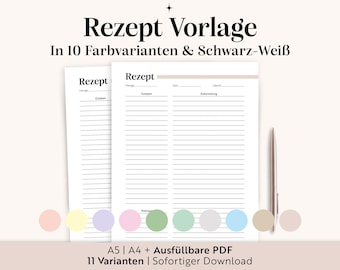 Szablon przepisu do wydrukowania (A4/A5, wypełniany plik PDF) | Karta przepisu w języku niemieckim | 10 wariantów kolorystycznych | Dla rodziny i kuchni | Natychmiastowe pobranie