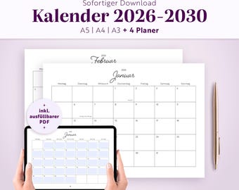 Calendar 2026-2030: Daily, Weekly, Monthly, and Yearly Planners | A5, A4, A3 | Fillable PDF | Printable | German