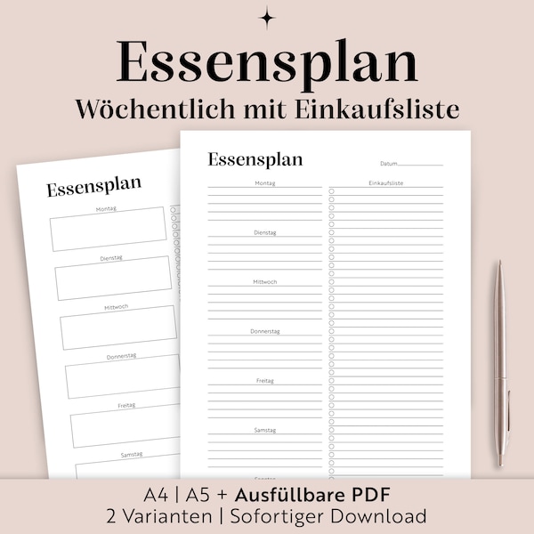 Essenplan mit Einkaufslist zum ausdrucken | A4/A5/Ausfüllbare PDF | Deutsch | Familienplanung | Sofortiger Download