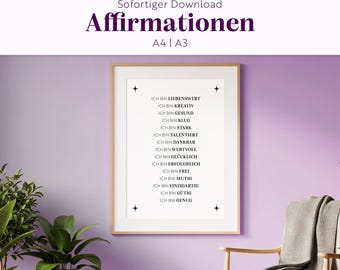 自己肯定感を高めるためのアファメーションウォールアート｜印刷可能なA3/A4サイズ、PDF｜ドイツ語のアファメーションポスター｜大人のための毎日のモチベーション