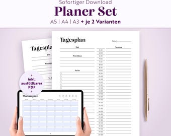 Op de afbeelding: Een digitale planner-set met dagelijkse en maandelijkse sjablonen in A5, A4 en A3-formaat. De documenten bevatten secties voor doelen, prioriteiten, to-do lijsten en uurschema's van 5:30 tot 22:00 uur. Tekst: "Sofortiger Download", "Planer Set", "Tagesplan", "Monatsplan".