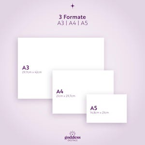 May include: Three white rectangular paper sheets in A3, A4, and A5 sizes. Text reads 3 Formate A3 | A4 | A5, with dimensions A3 29.7cm x 42cm, A4 21cm x 29.7cm, and A5 14.8cm x 21cm. The brand name Goddess Digitals is at the bottom.