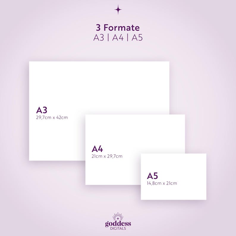 May include: Three white rectangular paper sheets in A3, A4, and A5 sizes. Text reads 3 Formate A3 | A4 | A5, with dimensions A3 29.7cm x 42cm, A4 21cm x 29.7cm, and A5 14.8cm x 21cm. The brand name Goddess Digitals is at the bottom.