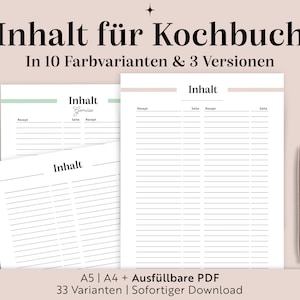 Könnte beinhalten: Drei weiße Rezeptseiten mit dem Wort "Inhalt" oben und Linien zum Schreiben von Rezepten. Der obere Teil des Bildes enthält den Text "Inhalt für Kochbuch" und "In 10 Farbvarianten & 3 Versionen". Auf der rechten Seite des Bildes befindet sich ein Stift.