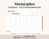 Monatsplaner undatiert zum Ausdrucken | PDF Kalender A3 A4 A5 | Familienplaner Deutsch | Ausfüllbare Vorlage | Wandkalender Büro
