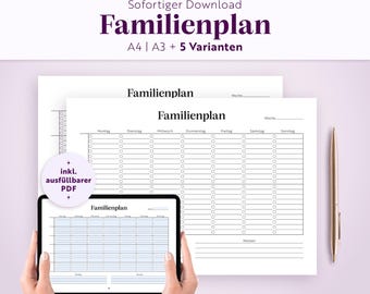 Family planner for 2-6 people | A4, A3 | Fillable printable PDF | Weekly family planner | German | Landscape format | Child | Checklist