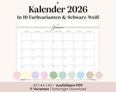 Kalender 2026 PDF zum Ausdrucken | 10 Farben | Ausfüllbarer Wandkalender A3 A4 A5 | Deutsch | Familienkalender Vorlage | Organisation Alltag