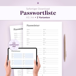 Könnte beinhalten: Eine digitale und druckbare Passwortliste mit dem Text Passwortliste, A5, A4 und 2 Varianten. Das Layout enthält Felder für Website, E-Mail, Passwort und Notiz, wobei ein Tablet eine ausfüllbare PDF-Version des Formulars anzeigt.