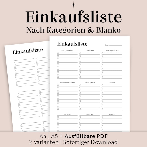 Einkaufsliste | A4/A5/Ausfüllbare PDF | Deutsch | Familie | Sofortiger Download | Zum ausdrucken | Checkliste Einkaufen