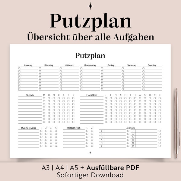 Putzplan Vorlage | A3/A4/A5/Ausfüllbare PDF | Zum ausdrucken | Haushaltsplan | Putzplan Quer Familie | Checkliste | Putzplan WG | Deutsch