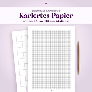 Papel cuadriculado PDF | Cuadrículas de 3 mm a 30 mm | Con márgenes | A4 y A5 | Plantilla imprimible (alemán) | Para la escuela, la universidad y para tomar apuntes | Descarga digital
