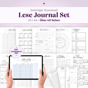 Könnte beinhalten: Ein digitales Lese-Journal-Set mit über 40 Seiten in A5 und A4. Das Set enthält Vorlagen für Buchrezensionen, Leseprotokolle, Tracker und Challenges mit Sternsymbolen und Buchillustrationen. Inklusive einer ausfüllbaren PDF-Datei.