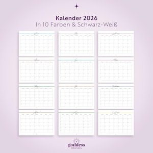 May include: A 2026 calendar set featuring twelve monthly grid pages with colourful header lines and black text. The layout includes the title Kalender 2026 In 10 Farben & Schwarz-Wei&szlig; and the brand name goddess DIGITALS at the bottom centre.