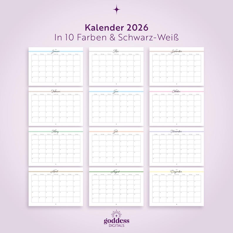 May include: A 2026 calendar set featuring twelve monthly grid pages with colourful header lines and black text. The layout includes the title Kalender 2026 In 10 Farben & Schwarz-Wei&szlig; and the brand name goddess DIGITALS at the bottom centre.