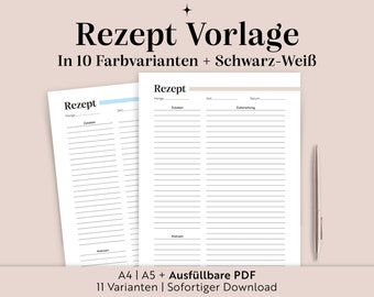 Rezeptvorlage in 10 Farbvarianten | zum ausdrucken | Deutsch | Rezeptkarte | Familie | Sofortiger Download |A4/A5+AusfüllbarePDF