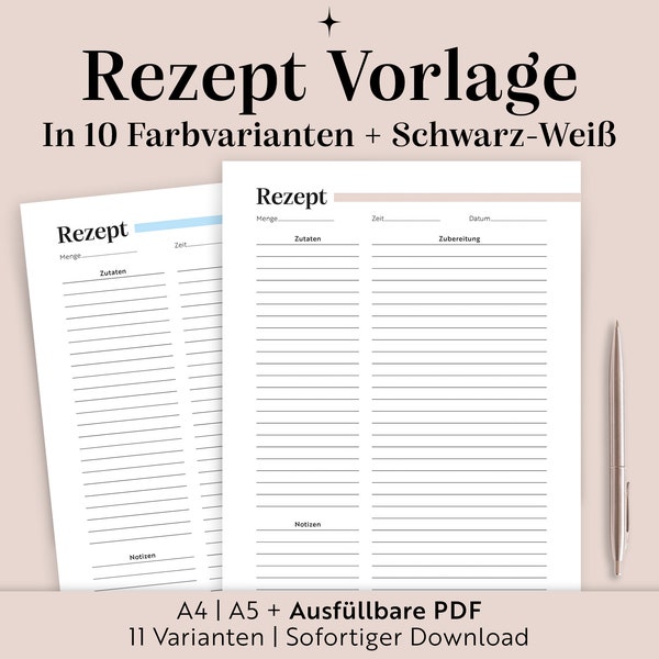 Rezeptvorlage in 10 Farbvarianten | zum ausdrucken | Deutsch | Rezeptkarte | Familie | Sofortiger Download |A4/A5+AusfüllbarePDF