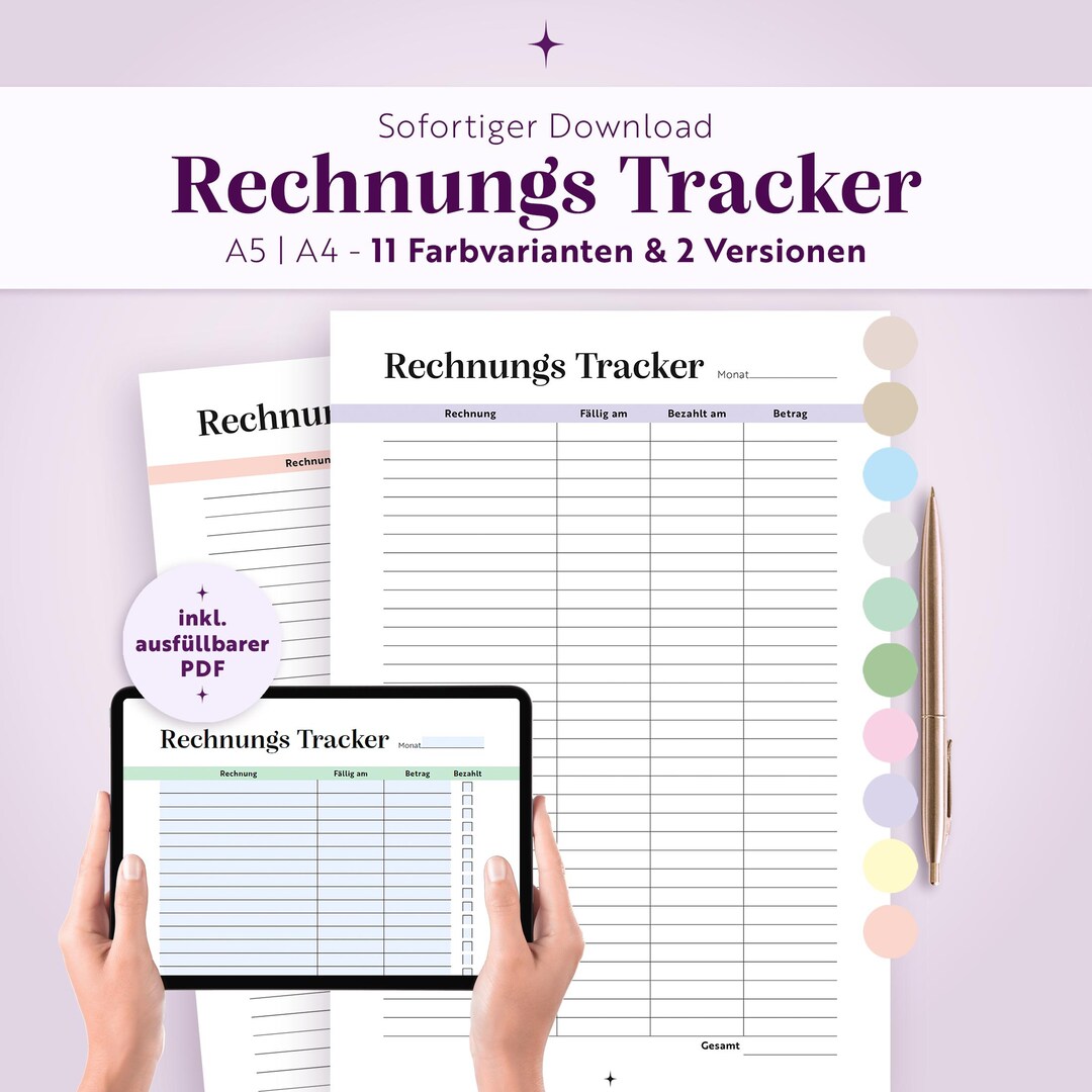 Invoice Tracker | 10 Colors & 2 Variations | A5, A4 | Fillable ...