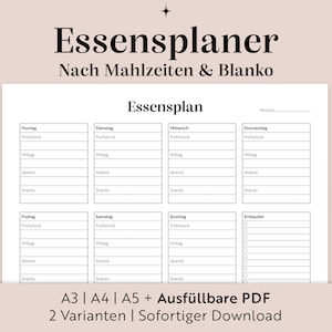 Planificateur de repas numérique | imprimer | Allemand | Téléchargement instantané | Cuisine d'organisation | Famille de planificateurs de menus | A3/A4/A5+FillablePDF |
