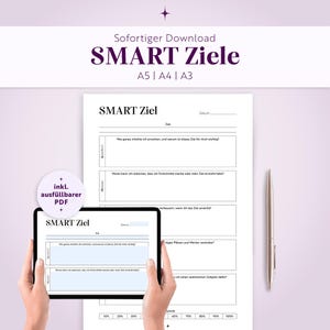 Puede incluir: Una plantilla de planificación de objetivos SMART mostrada en la pantalla de una tableta y en una hoja de papel impresa. El documento incluye secciones para definir, medir y realizar el seguimiento de objetivos con texto en alemán, SMART Ziel.