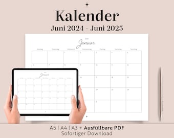 Calendar June 2024 to June 2025 | A3 A4 A5 Fillable PDF | To print | Wall calendar | Family calendar | Planning | Organization