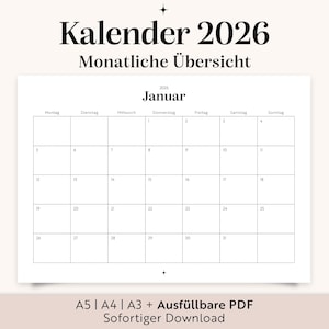 Könnte beinhalten: Ein minimalistischer Kalender 2026 mit monatlicher Übersicht, der den Monat Januar zeigt. Der Kalender hat ein einfaches Rasterformat mit den Wochentagen oben. Der Text enthält "Kalender 2026" und "Monatliche Übersicht".