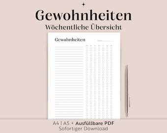 Rastreador de hábitos imprimible | A4/A5/PDF rellenable | Rastreador de hábitos Alemán | Resumen mensual | Descarga digital | Limpio