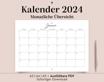 Kalender 2024 | A3 A4 A5 Ausfüllbare PDF | Zum ausdrucken | Deutsch | Druckbarer Wandkalender | Familien Kalender | Planung | Organisation