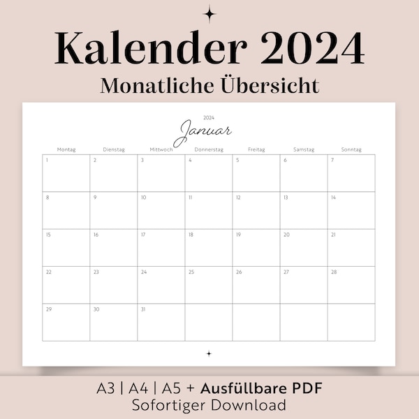 Kalender 2024 | A3 A4 A5 Ausfüllbare PDF | Zum ausdrucken | Deutsch | Druckbarer Wandkalender | Familien Kalender | Planung | Organisation