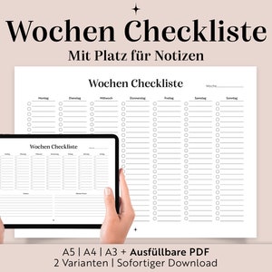 Puede incluir: Una lista de verificación semanal imprimible en blanco y negro con espacio para notas. La lista de verificación está dividida en siete columnas para cada día de la semana: lunes, martes, miércoles, jueves, viernes, sábado y domingo. La lista de verificación está disponible en tamaños A5, A4 y A3 y es un PDF descargable.