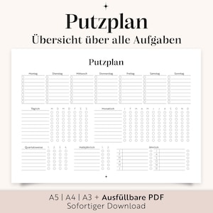 Putzplan Vorlage (A3, A4, A5, ausfüllbare PDF) zum ausdrucken | Haushaltsplan | Putzplan Quer Familie | Checkliste | Putzplan WG | Deutsch