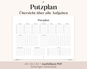 Cleaning schedule template (A3, A4, A5, fillable PDF) for printing | Household plan | Cleaning schedule for a family | Checklist | Cleaning schedule for a shared apartment | German