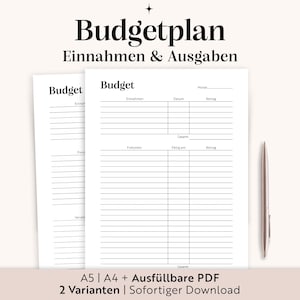 Puede incluir: Dos hojas de planificador presupuestario blancas con líneas y texto en negro, incluyendo "Budgetplan" y "Einnahmen & Ausgaben". Un bolígrafo plateado descansa junto a las hojas. El texto "A5 | A4 + Ausfüllbare PDF" está en la parte inferior.