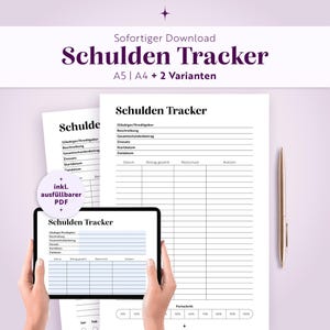 May include: A digital debt tracker template displayed on a tablet screen and printed paper, featuring fields for creditor, description, total debt, interest rate, start and end dates, and a payment log table with a progress bar at the bottom.
