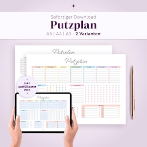 Könnte beinhalten: Eine digitale Putzplan-Vorlage mit wöchentlichen, monatlichen und jährlichen Abschnitten und pastellfarbenen Überschriften. Das Layout enthält Checkboxen und Zeilen für Aufgaben, verfügbar in den Formaten A5, A4 und A3 als PDF-Download.