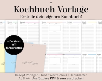Szablon książki kucharskiej | ponad 100 stron | + strony tytułowe | A4/A5/PDF z możliwością wypełniania | Karty z przepisami DIY | Pomysł na prezent | Domowej roboty | Niemiecki
