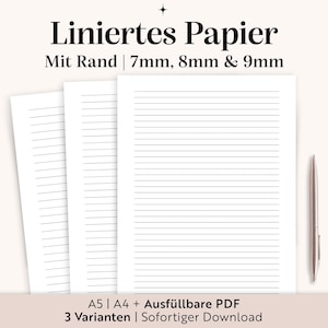 May include: Three sheets of lined paper with a silver pen on a light background. The paper has horizontal lines with 7mm, 8mm, and 9mm spacing. Text at the top reads "Liniertes Papier" and "Mit Rand". Additional text at the bottom indicates A5 and A4 sizes.