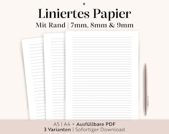 Lined paper for printing (A4/A5, fillable PDF) | Journal template German | Writing paper for notes & office | Instant download