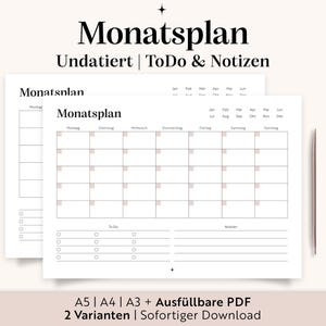 Monthly planner PDF with ToDo & Notes | A3 A4 A5 fillable template | German | Family wall calendar | Printable | Organize your daily life